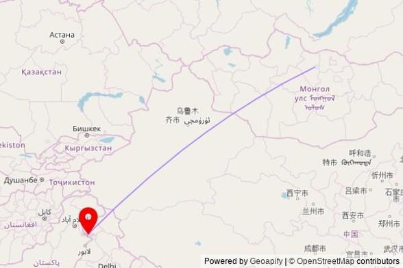 A map showing the great circle route from Erdenet in Mongolia to a map pin at Gurudwara Shri Dashmesh Darbar Deharan, NH144A, - 181122, Jammu and Kashmir, India