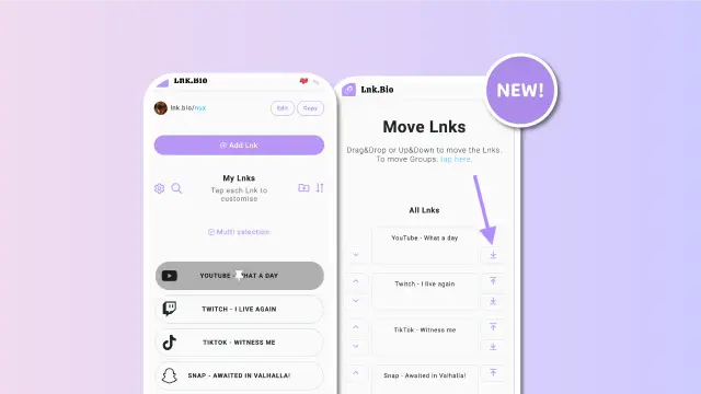 Two screenshots from the Lnk.Bio interface showing the new features