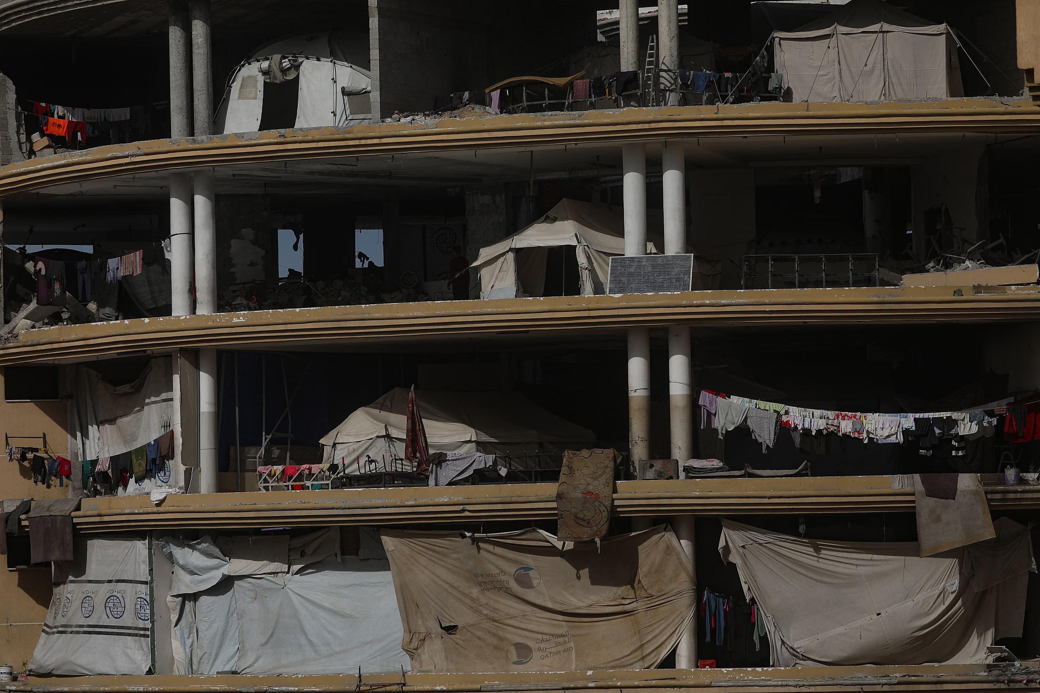 Tents of Palestinian families pitched at the damaged al-Azhar University in Gaza City.