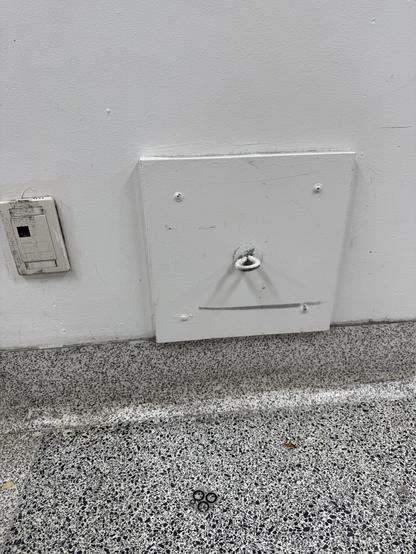 Closeup photo of a little square white item on a wall. It may possibly be a tiny door covering up something electrical? 

 There is a key in the centre of the box that looks like a nose, two screws at the top that looks like eyes, and a scratch on the paint on the bottom that looks like a mouth in a neutral position. 
