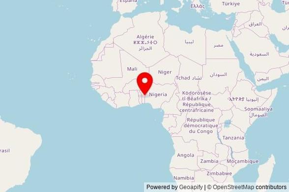 A zoomed in map showing a pin at the position of Mosquée, RNIE 2, Tchaourou, Benin