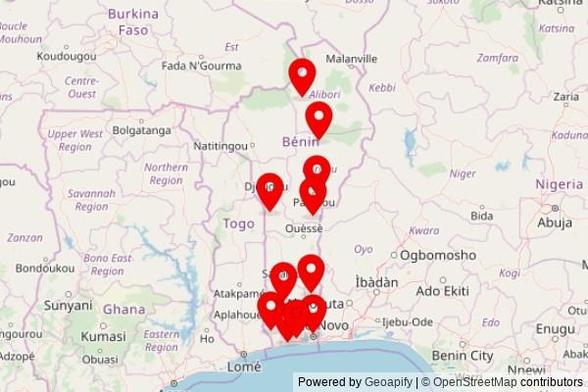 A map showing every place of worship we have visited so far in Benin including:
Mosquée in Tchaourou
Église évangélique in Kpinnou
Paroisse Saint Michel archange de Gouako kotoclomè in Porto-Novo
Grande Mosquée de Manigri in Kikélé
Mosquée in Kokiborou
Mosquée in Parakou
Diocèse d'Abomey Chancelerie in Abomey
Basilique de l'Immaculée Conception in Whydah
Grande Mosquée de Gamia in Gamia
Eglise in Ouèdo
Eglise catholique Adjozoumè in Kétou