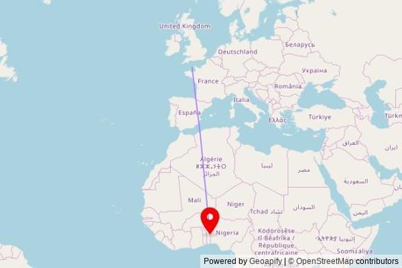 A map showing the great circle route from St Peter Port in Guernsey to a map pin at Mosquée, RNIE 2, Tchaourou, Benin