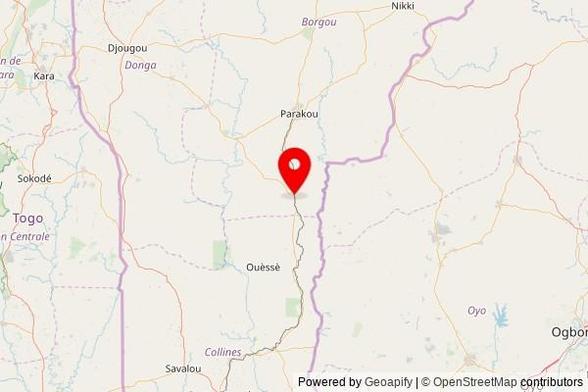A map showing the area of Tchaourou with a pin at the position of Mosquée, RNIE 2, Tchaourou, Benin