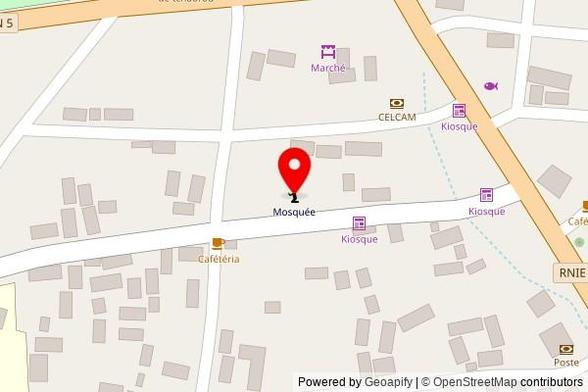 A zoomed out map with a pin at the position of Mosquée, RNIE 2, Tchaourou, Benin