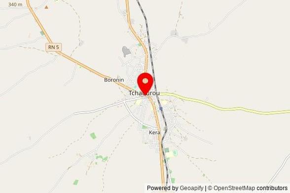 A partially zoomed out map with a pin at the position of Mosquée, RNIE 2, Tchaourou, Benin