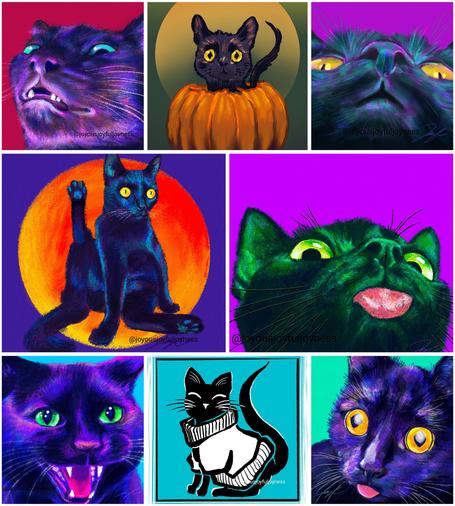 A compilation of 8 paintings of black cats. From top to bottom, the paintings are: Spoopy, Pumpkin Cat, Golden Eyes, Excuse Me, Little Mlem, Spicy, Black Cat in Sweater, and Cat-atonic.
