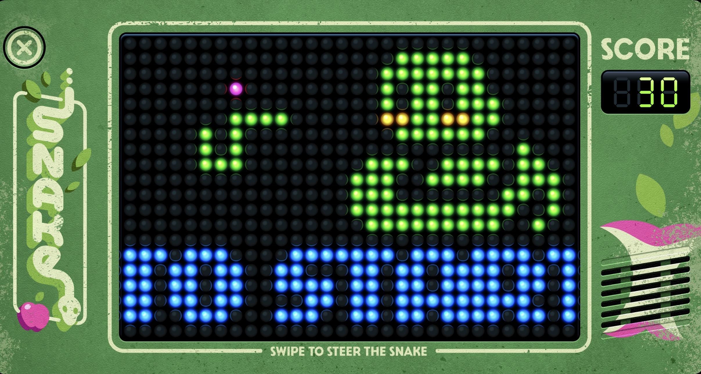Screenshot from Ollie’s Arcade on the App Store showing a retro-style handheld electronic game of Snake with LED lights and showing a score of 30.
