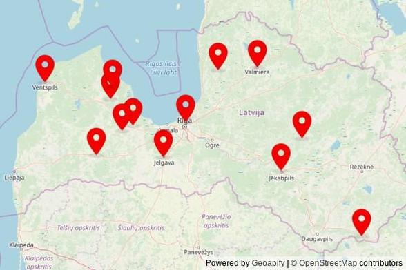 A map showing every place of worship we have visited so far in Latvia including:
Dārtes Evanģēliski luteriskā baznīca in Vandzenes pagasts
Tukuma evaņģēliski luteriskā baznīca in Tukums
Svētā Sīmaņa luterāņu baznīca in Valmiera
Limbažu Svētā Jāņa evaņģēliski luteriskā baznīca in Limbaži
Svētās Annas luterāņu katedrāle in Jelgava
Indricas Svētā Jāņa Kristītāja baznīca in Lielindrica
Ventspils Svētā Krusta katoļu baznīca in Ventspils
Saldus Jāņa baznīca in Saldus
Lazdonas luterāņu baznīca in Madona
Sātu luterāņu baznīca in Irlavas pagasts
Nurmes luterāņu baznīca in Laucienes pagasts
Rīgas svētās trīsvienības evaņģēliski-luteriskā baznīca in Riga
Krustpils luterāņu baznīca in Jēkabpils