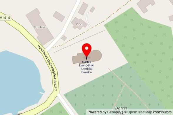 A zoomed out map with a pin at the position of Dārtes Evanģēliski luteriskā baznīca, Vandzenes skola-Nogale-Lubezere, Vandzenes pagasts, LV-3281, Latvia