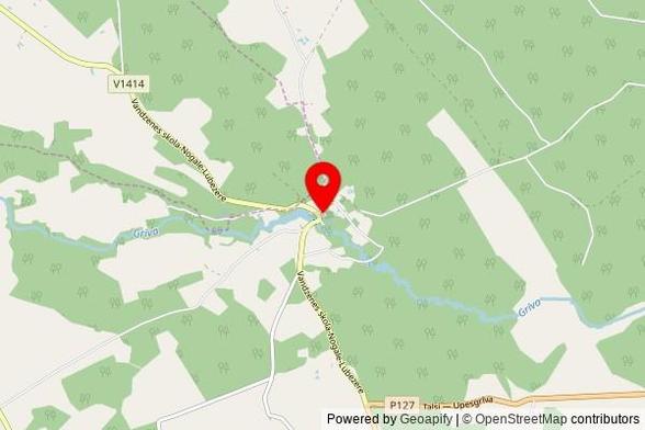 A partially zoomed out map with a pin at the position of Dārtes Evanģēliski luteriskā baznīca, Vandzenes skola-Nogale-Lubezere, Vandzenes pagasts, LV-3281, Latvia