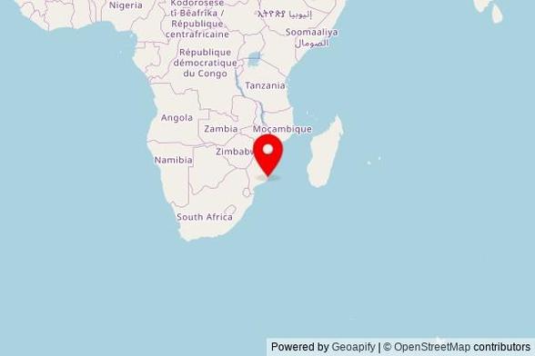A zoomed in map showing a pin at the position of Sao Bernadinho, N242, Inhambane, Mozambique