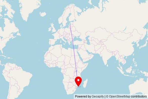 A map showing the great circle route from Vandzenes pagasts in Latvia to a map pin at Sao Bernadinho, N242, Inhambane, Mozambique