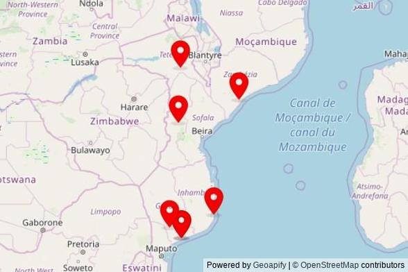 A map showing every place of worship we have visited so far in Mozambique including:
Sao Bernadinho in Inhambane
Sagrada Familia in Uachave
Church in Xai-Xai
IURD in Xai-Xai
Church in Xai-Xai
Igreja Good News in Cidade de Chimoio
Salão do Reino das Testemunhas de Jeová in Chókwè
Igreja de São Tiago Maior in Tete