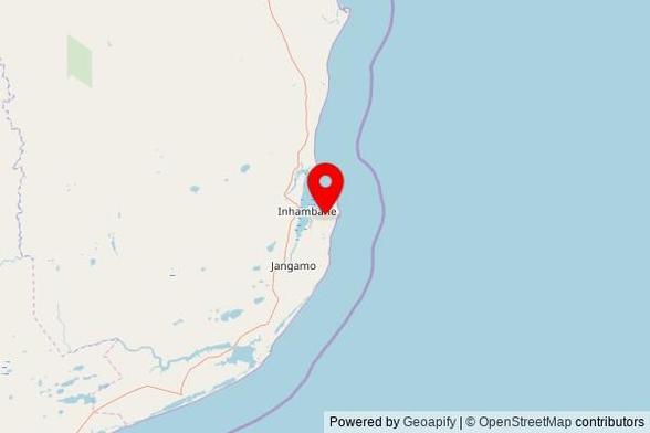 A map showing the area of Inhambane with a pin at the position of Sao Bernadinho, N242, Inhambane, Mozambique