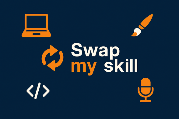 Logo for SwapMySkill on a dark blue background. In the center is the text “Swap my skill” in white and orange, with subtle icons of a laptop, paintbrush, code brackets and a microphone in the background, representing different skills that can be shared or traded online.