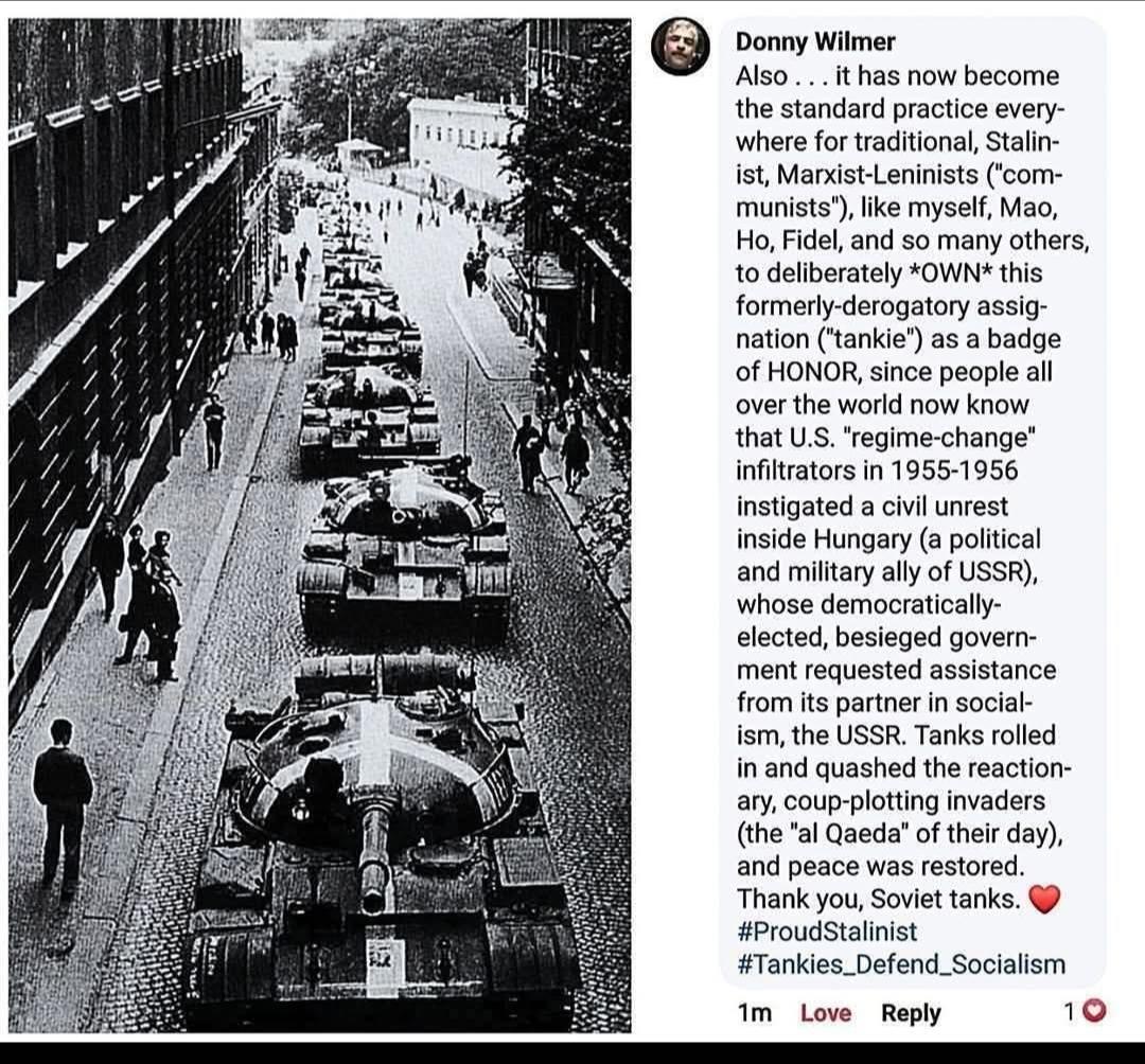 Donny Wilmer Post:
Also. . . it has now become the standard practice everywhere for traditional, Stalinist, Marxist-Leninists ("communists"), like myself, Mao, Ho, Fidel, and so many others, to deliberately OWN this formerly-derogatory assignation ("tankie") as a badge of HONOR, since people all over the world now know that U.S. "regime-change" infiltrators in 1955-1956 instigated a civil unrest inside Hungary (a political and military ally of USSR), whose democratically-elected, besieged government requested assistance from its partner in socialism, the USSR. Tanks rolled in and quashed the reactionary, coup-plotting invaders (the "al Qaeda" of their day), and peace was restored. Thank you, Soviet tanks. 💷 #ProudStalinist
#Tankies_Defend_Socialism

Image of tanks to the left of the text.