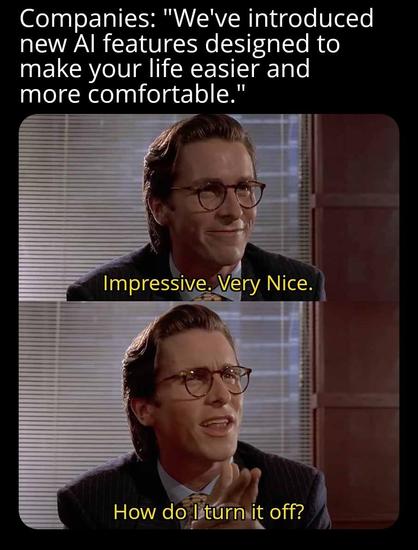 Companies: “We’ve introduced new ai features designed to make your life easier and more comfortable.”
Impressive. Very nice.
How do I turn it off?