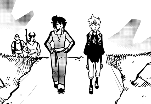 Kay and Nix walk down the mountain path, two giants stand in the background