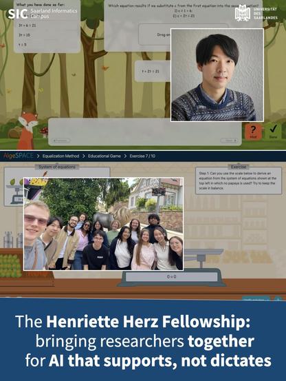 The top half shows a screenshot of a mindful math learning tool with a forest-themed interface and algebra exercises, overlaid with a square portrait of Prof. Dr. Tomohiro Nagashima against a neutral background. The bottom half shows the AlgeSpace learning tool interface with a balance-scale algebra exercise, overlaid with a rectangular group photo of the members of LaLa Lab. Below the images, a large banner reads: "The Henriette Herz Fellowship: bringing researchers together for AI that supports, not dictates."
 