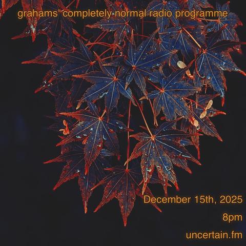 Brown and green leaves in black background

Orange text overlaid promoting a radio show, details in the main post.