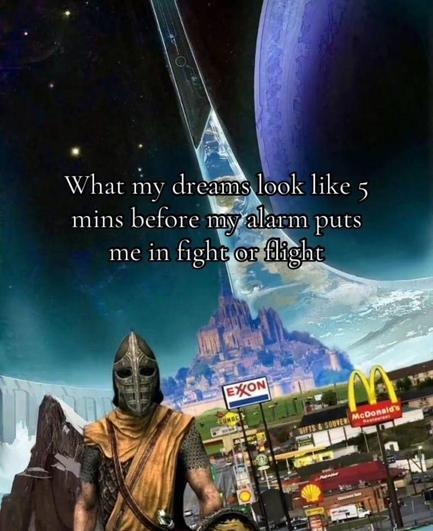 A meme image featuring a collage of contrasting visuals. In the background is a science fiction scene from the game Halo (a massive ring structure in space near a purple planet). In the foreground is a character wearing Viking-style armor from The Elder Scrolls V: Skyrim. Beneath the cosmic scene is a modern, mundane commercial strip featuring a McDonald's, an Exxon gas station, and other businesses. The text overlaid on the image reads: "What my dreams look like 5 mins before my alarm puts me in fight or flight."