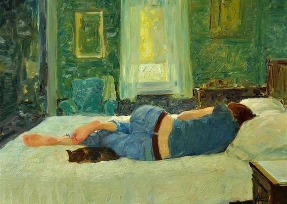 A painting in an impressionistic style with thick brushstrokes, showing a person lying face down on a large, white bed, wearing blue jeans and a blue shirt, with their bare feet hanging off the side. A small, dark cat is lying near the person's torso. The bedroom has green patterned wallpaper and a window with bright yellow light shining through.