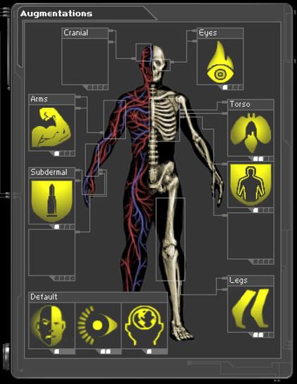 F3 - Ballistic Protection (Level 1)
F6 - Microfibral Muscle (Level 1)
F7 - Run Silent (Level 2)
F8 - Infravision (Level 1)
F9 - Synthetic Heart (Level 2)
F10 - Energy Shield (Level 1)
F12 - Light (Level 2)