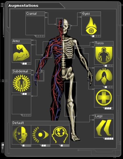 F3 - EMP Shield (Level 2)
F6 - Microfibral Muscle (Level 2)
F7 - Run Silent (Level 4)
F8 - Infravision (Level 1)
F9 - Energy Shield (Level 1)
F10 - Synthetic Heart (Level 1)
F11 - Regeneration (Level 3)
F12 - Light (Level 2)