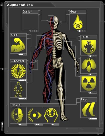 F3 - EMP Shield (Level 4)
F4 - Cloak (Level 4)
F6 - Microfibral Muscle (Level 2)
F7 - Run Silent (Level 4)
F8 - Infravision (Level 1)
F9 - Energy Shield (Level 1)
F10 - Synthetic Heart (Level 1)
F11 - Environmental Resistance (Level 1)
F12 - Light (Level 2)