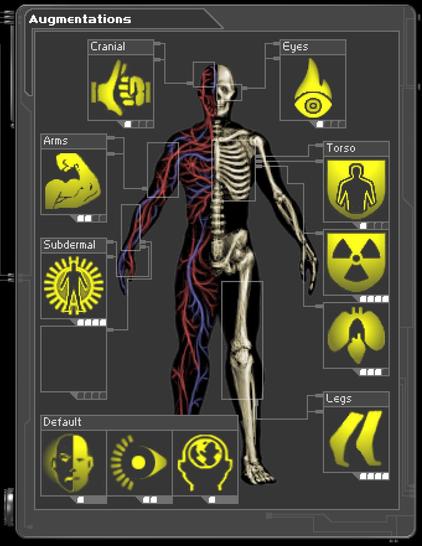 F3 - EMP Shield (Level 4)
F5 - Aggressive Defense System (Level 1)
F6 - Microfibral Muscle (Level 2)
F7 - Run Silent (Level 4)
F8 - Infravision (Level 1)
F9 - Energy Shield (Level 1)
F10 - Environmental Resistance (Level 4)
F11 - Synthetic Heart (Level 3)
F12 - Light (Level 2)