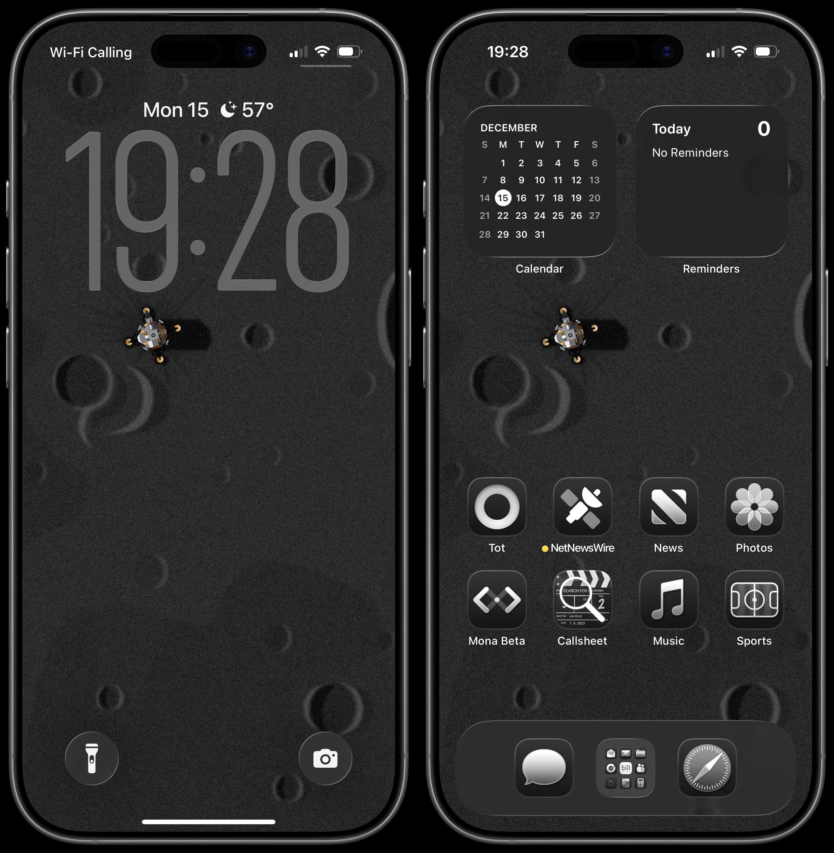 Two iPhones display home screens with a moon crater background, showing the time as 19:28, and a date of December 15.