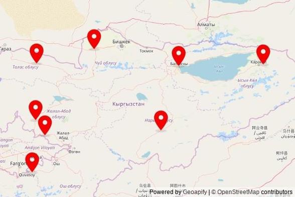 A map showing every place of worship we have visited so far in Kyrgyzstan including:
мечеть in Kyzyl-Kyya City
мечеть in Kara-Suu
центральная мечеть in Tash-Komur City
Мечеть Умар in Balykchy
Свидетели Иеговы in Kara-Balta
Зал Царства свидетелей Иеговы in Talas City
Русская ортодоксальная церковь in Ak-Suu
Медресе in Kochkor-Ata