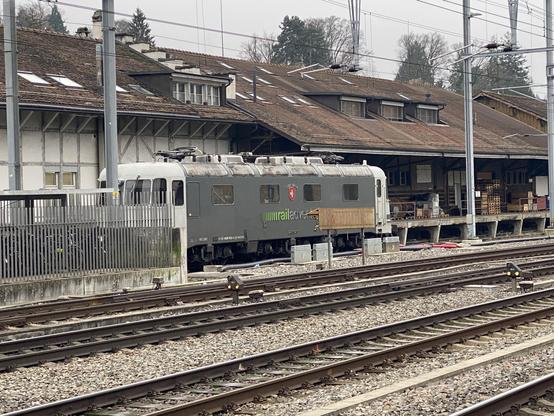 A green B0B0B0 electric locomotive with grey cabs stationed in front of a wooden shed.  