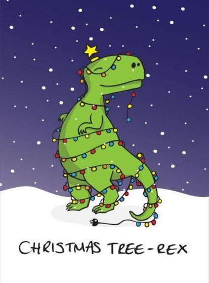 A T-Rex covered in Christmas lights, standing in the snow.  Text underneath reads: Christmas Tree-Rex