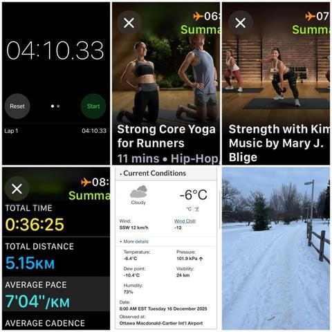 Grid of iOS screenshots and a photo:
1) Timer app showing 04:10.33.

2) Apple Fitness Strong Core Yoga for Runners, 11 mins.

3) Apple Fitness Strength with Kim, 20 mins, Music by Mary J Bilge.

4) Apple Fitness Running Details:
Total Time: 0:36:25.
Total Distance: 5.15 KM.
Average Pace: 7'04"/KM.

5) Environment Canada site showing -6°C, -12 windchill, 73% humidity, and 12 KM/H wind.

6) Photo of a snowy path through parkland with trees in the distance and a wooden fence on the right, under a cloudy grey sky.