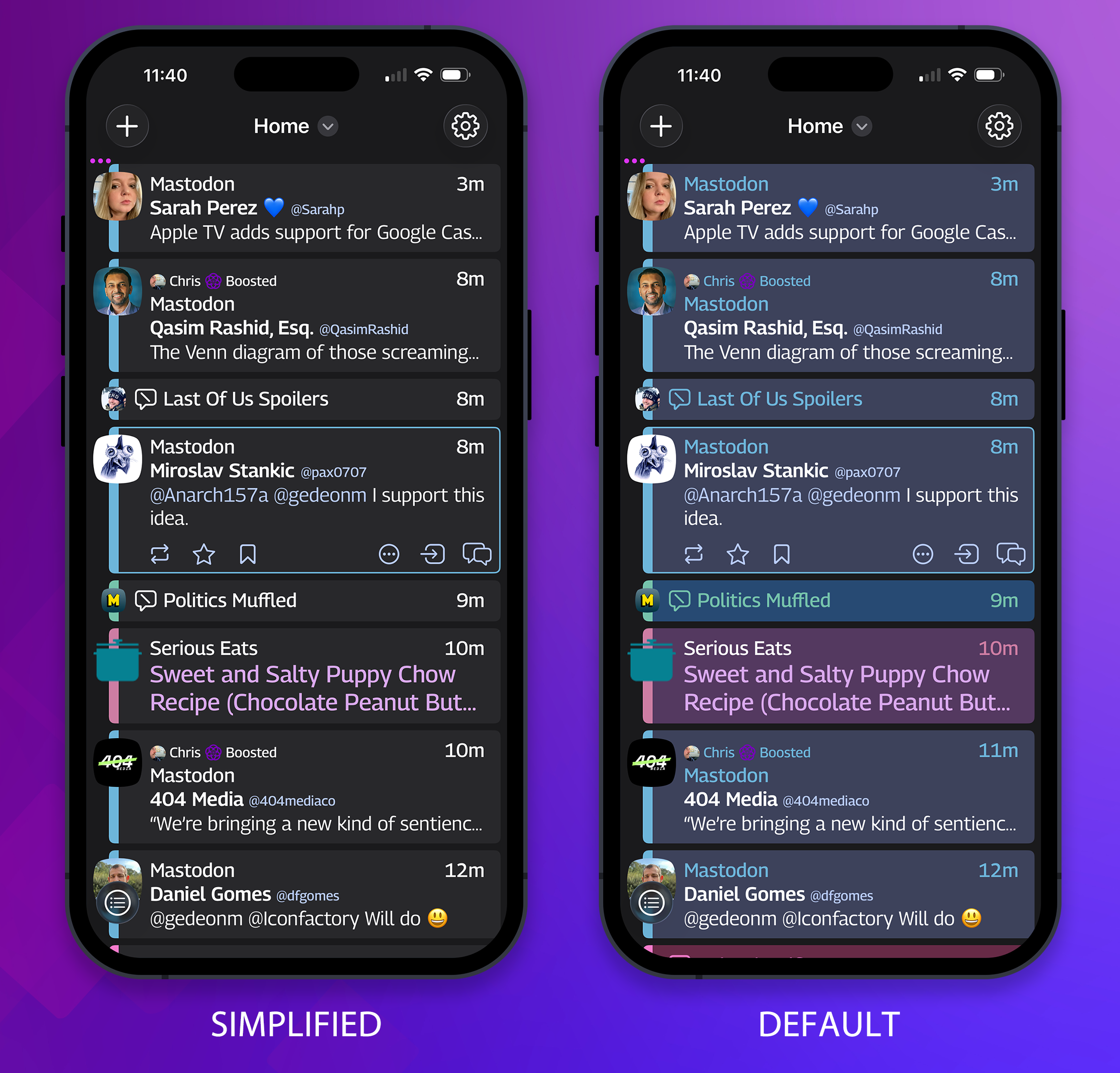 Screen shots of Tapestry's new simplified color theme in both dark and light mode running on the iPhone. Fewer colors, with a more unified appearance. tapestry.iconfactory.com