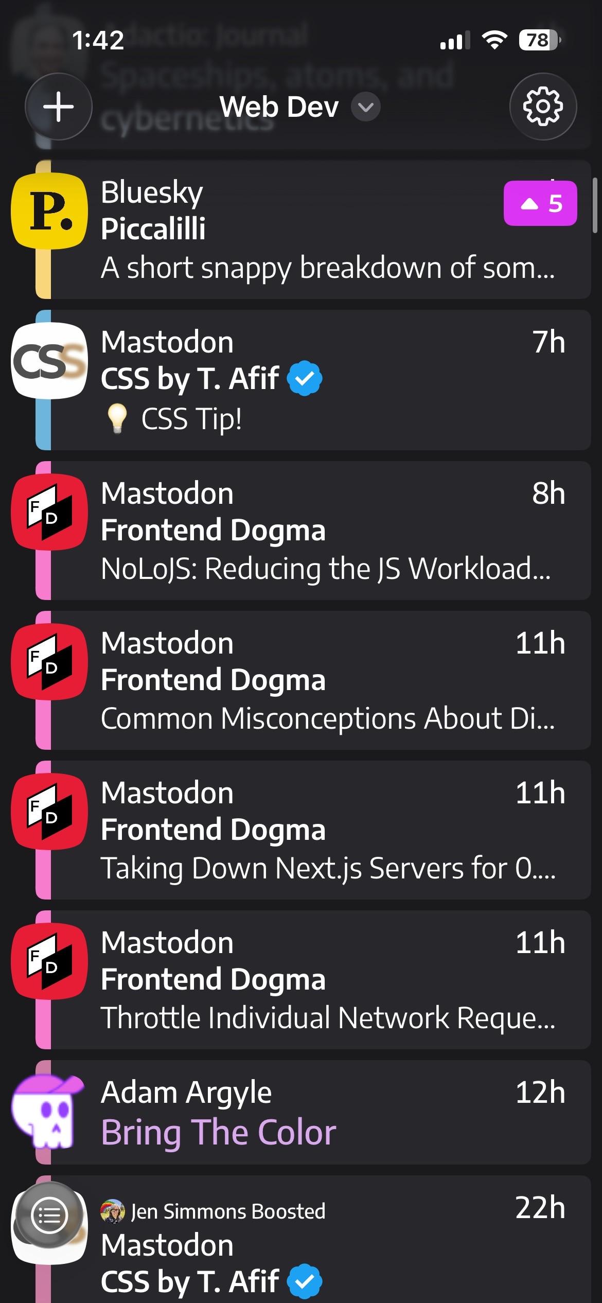 A screenshot of a social media feed focused on web development topics. The feed includes posts from various users and platforms, highlighting content related to CSS tips, JavaScript workload reduction, misconceptions about design, and more. The interface shows time stamps for when each