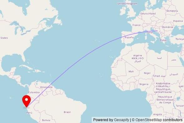 A map showing the great circle route from Blace in Bosnia and Herzegovina to a map pin at La Iglesia de Jesucristo de los Santos de los Últimos Días, LI-619, Casa Grande, Peru