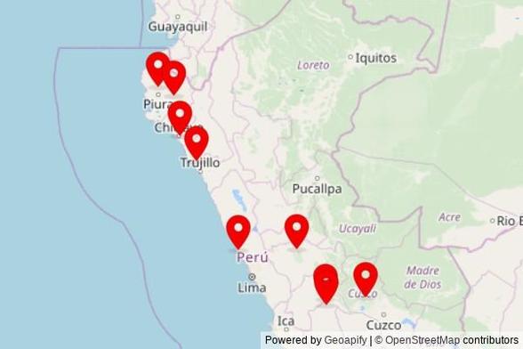 A map showing every place of worship we have visited so far in Peru including:
La Iglesia de Jesucristo de los Santos de los Últimos Días in Casa Grande
La Iglesia de Jesucristo de los Santos de los Últimos Días in Sullana
Iglesia de Luriama in Santa María
MIrador Cerro de la Cruz in Chanchamayo
Iglesia Adventista del Septimo Día de Pavayoc in Santa Ana
Parroquia San Pedro in Huanta
Catedral de Santa María in Chiclayo
Templo de Santo Domingo in Ayacucho
Capilla Laynas in La Matanza