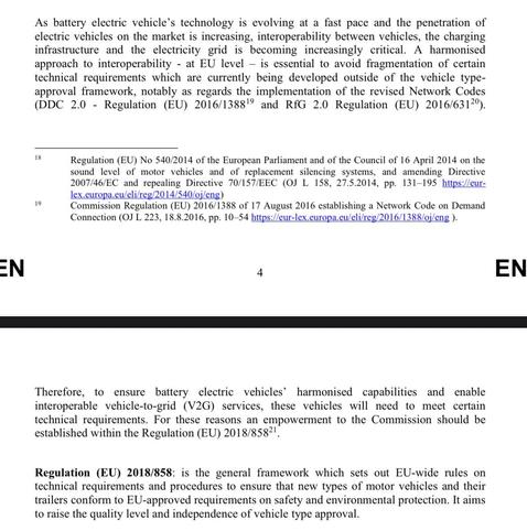 A page of text discussing the development and regulation of battery electric vehicles, focusing on the importance of interoperability between vehicles and charging infrastructure. It references specific EU regulations and the need for standards to ensure the compatibility and safety of electric vehicles.