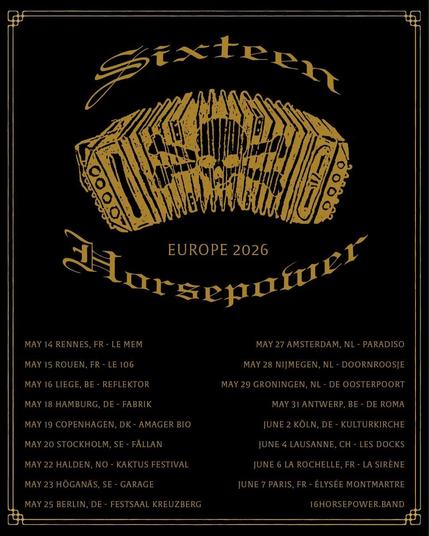 Sixteen Horsepower logo with 2026 tour dates. Gold on black graphic: Square-end Chemnitzer concertina with skull and crossbones on the bellows. 