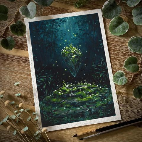 A photo of a gouache painting, placed on a wooden desk and surrounded by leaves, dried flowers, and paint brushes. The painting features an angular, moss-covered rock, floating above mossy stone steps in a dark forest. Soft light is flooding the scene from above, gently illuminating the moss and the tiny white flowers growing in it.