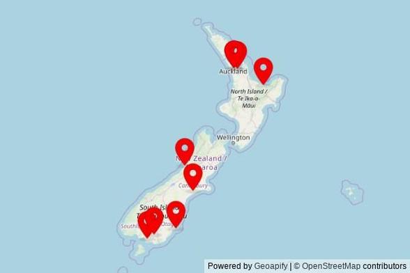 A map showing every place of worship we have visited so far in New Zealand including:
Mataura Christian Church in Mataura
'No Town' Church in Shantytown
Lotofale'ia Mangere Tongan Methodist Parish in Māngere-Ōtāhuhu
Sonshine Baptist Church in Whakatāne
All Saints Anglican Church in Dunedin
Clevedon Presbyterian Church in Clevedon
Saint Anthony Mangere Bridge Parish in Māngere-Ōtāhuhu
St Theresa of Lisieux Parish in Invercargill City
Saint David's Church in Ashburton