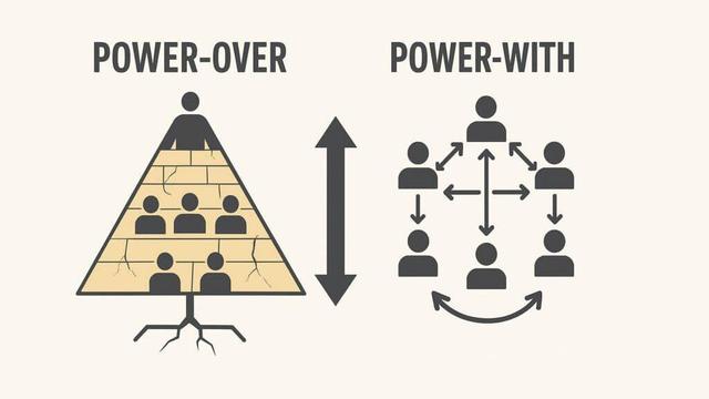 A diagram illustrating the difference between power-over and power-with organizations. On the left, staff are depicted in a hierarchical structure within a fracturing pyramid with a shaky foundation. On the right, staff are multiply connected in a network of shared relationships.