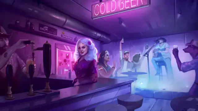 Official art from the "Traveller: Cluster Truck" campaign book, featuring the interior of a neon lit trucker bar.