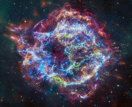 An image combining data from the Chandra, Webb, Hubble and Spitzer telescopes shows the glowing Cassiopeia A supernova remnant.