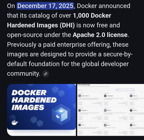 Docker hardened images are now publicly available announcement