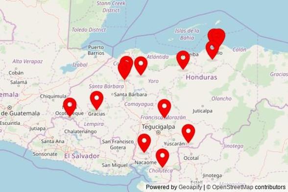 A map showing every place of worship we have visited so far in Honduras including:
Iglesia de San José in Ocotepeque
Iglesia de Talanga in Talanga
Iglesia de San Manuel in San Manuel
Iglesia de Potrerillos in Potrerillos
Iglesia Católica Santa Francisca Cabrini in Coyoles
Iglesia San Martín de Porres in Trujillo
Iglesia de San Francisco de Coray in San Francisco de Coray
Iglesia de El Paraíso in El Paraíso
Iglesia de Guadalupe Carney in Trujillo
Iglesia Amor Viviente in Tocoa
Iglesia San Francisco Javier in Choluteca
Salón del Reino in Morazán
Iglesia de Santa Lucía in Gracias