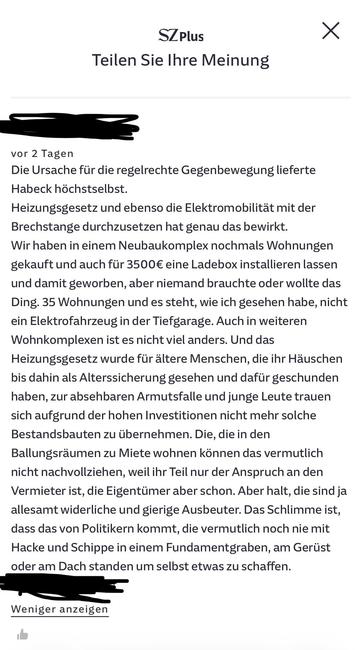 The image contains a text from an article discussing issues related to heating regulations, energy mobility, and social implications for residents in newly constructed housing complexes. It highlights dissatisfaction with government policies and the challenges of adapting to new energy standards.